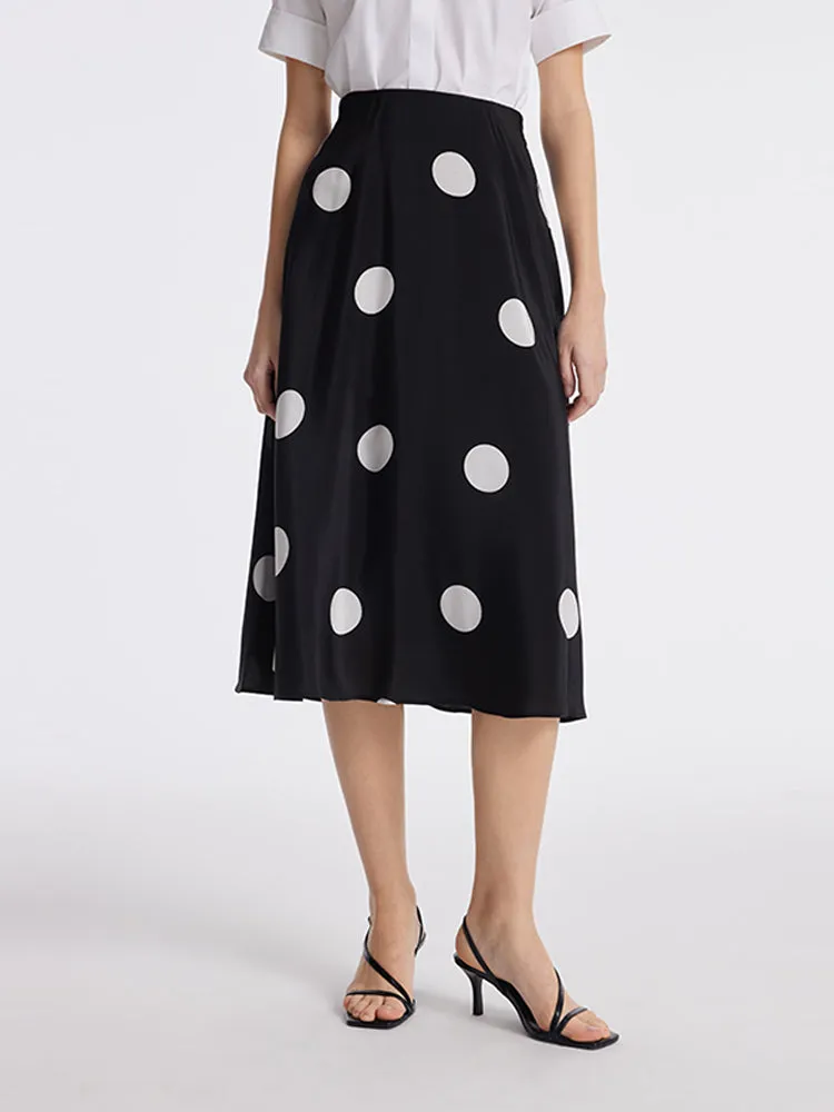 16 Momme Mulberry Silk Polka Dots Printed A-Line Women Half Skirt