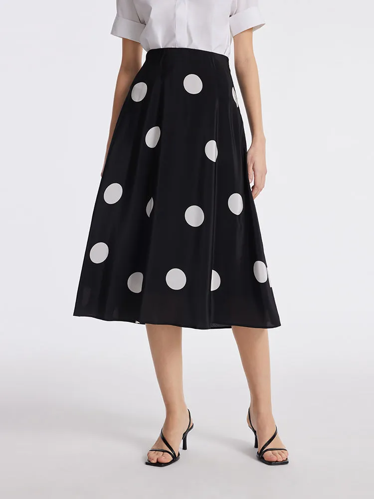 16 Momme Mulberry Silk Polka Dots Printed A-Line Women Half Skirt