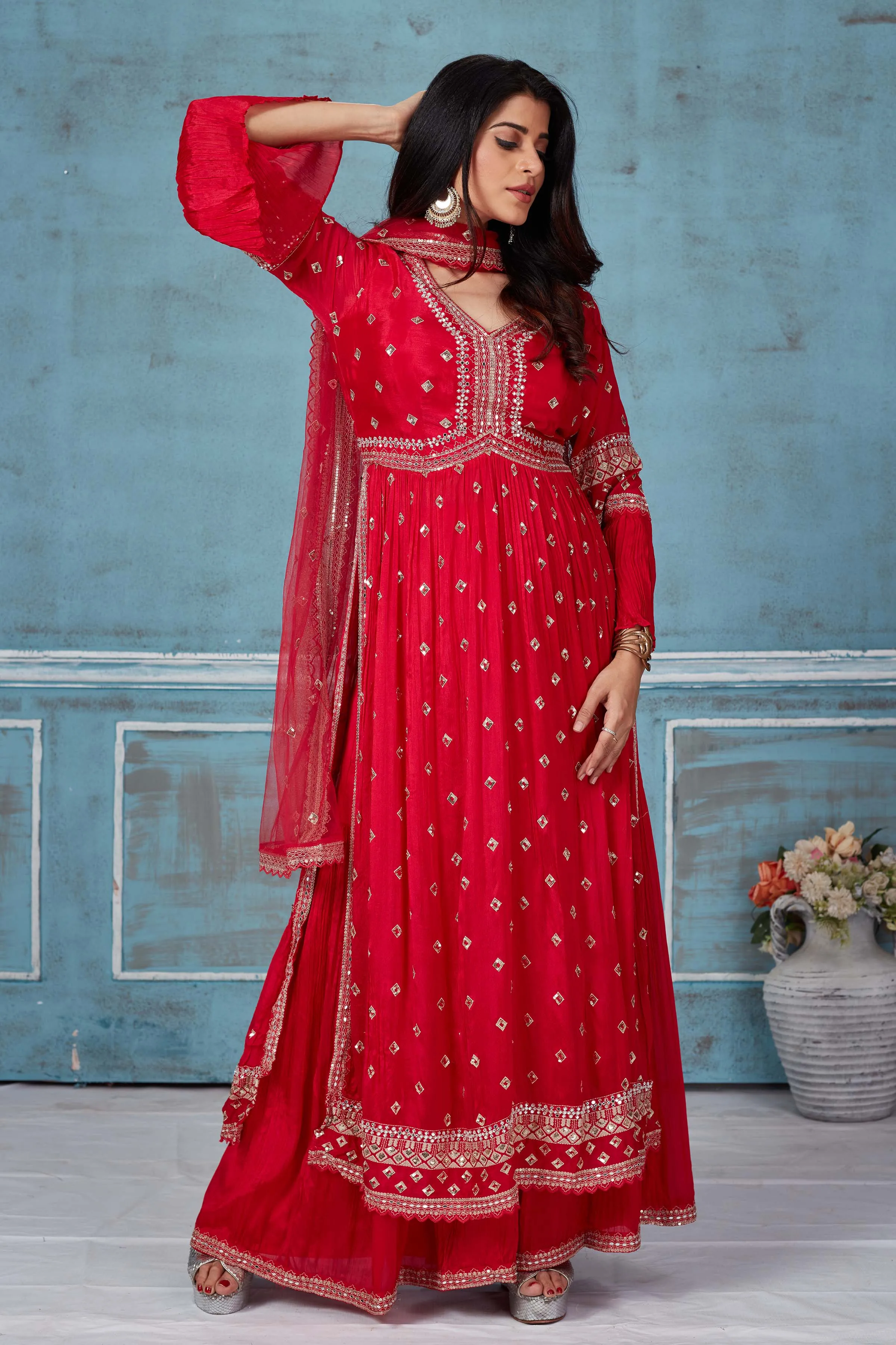 52A164 Red Embroidered Georgette Palazzo Suit With Dupatta