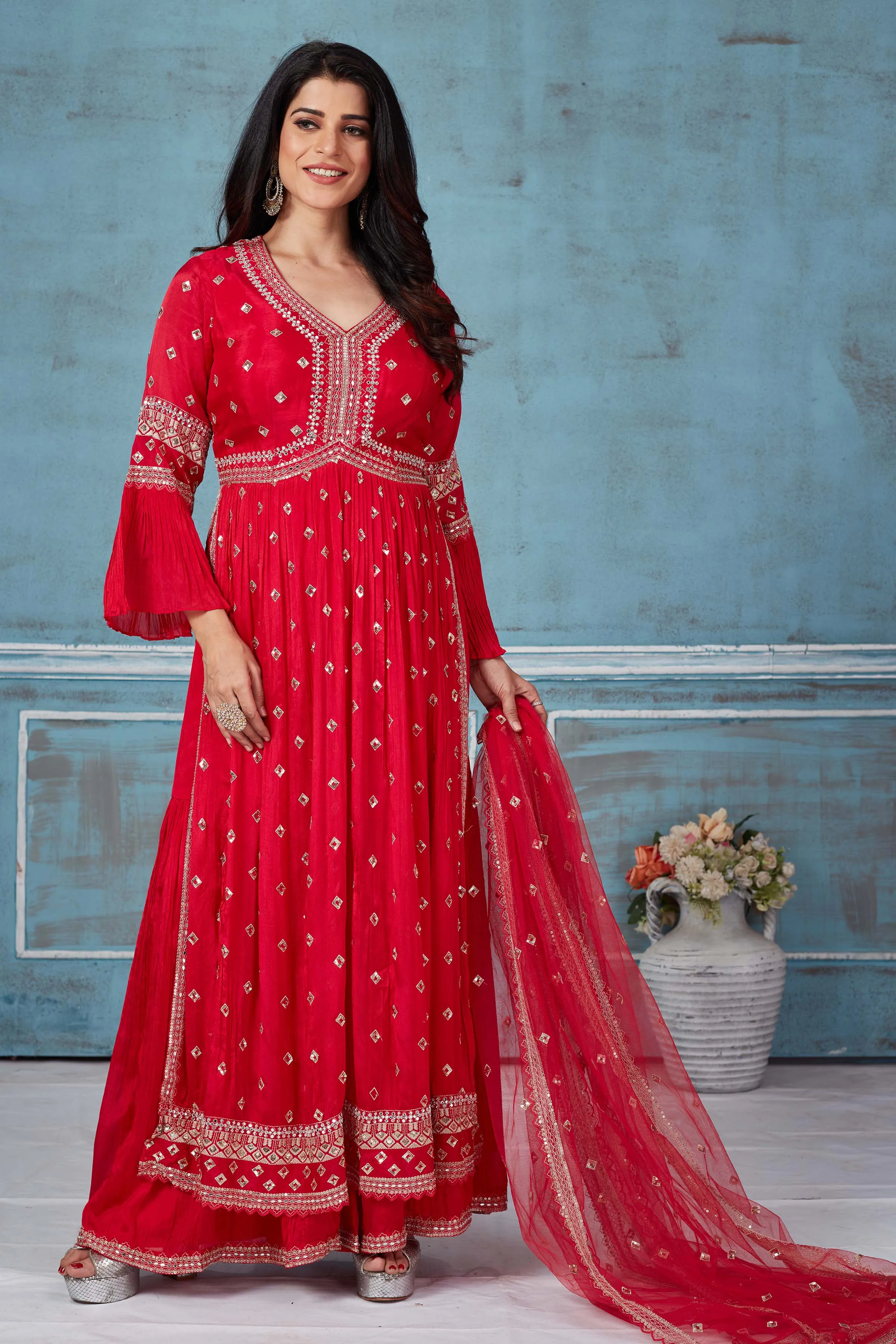 52A164 Red Embroidered Georgette Palazzo Suit With Dupatta