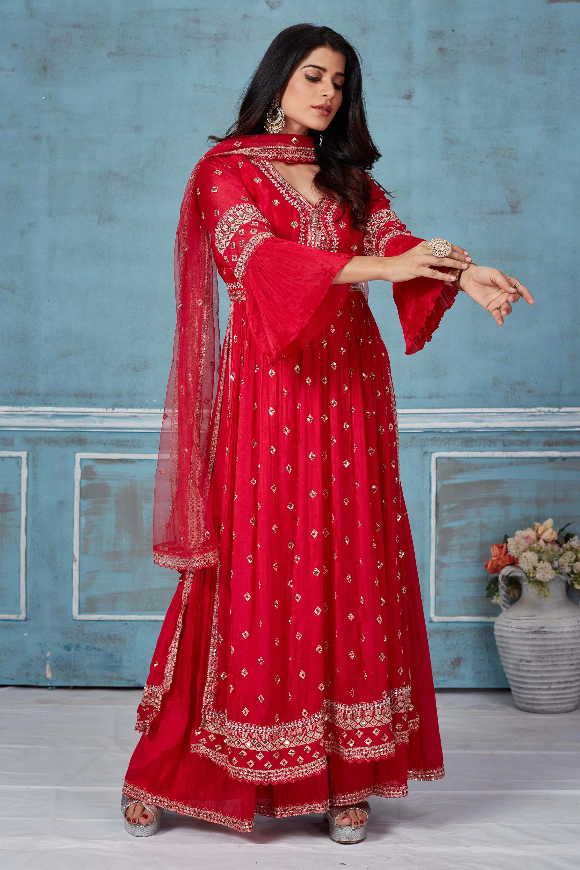 52A164 Red Embroidered Georgette Palazzo Suit With Dupatta