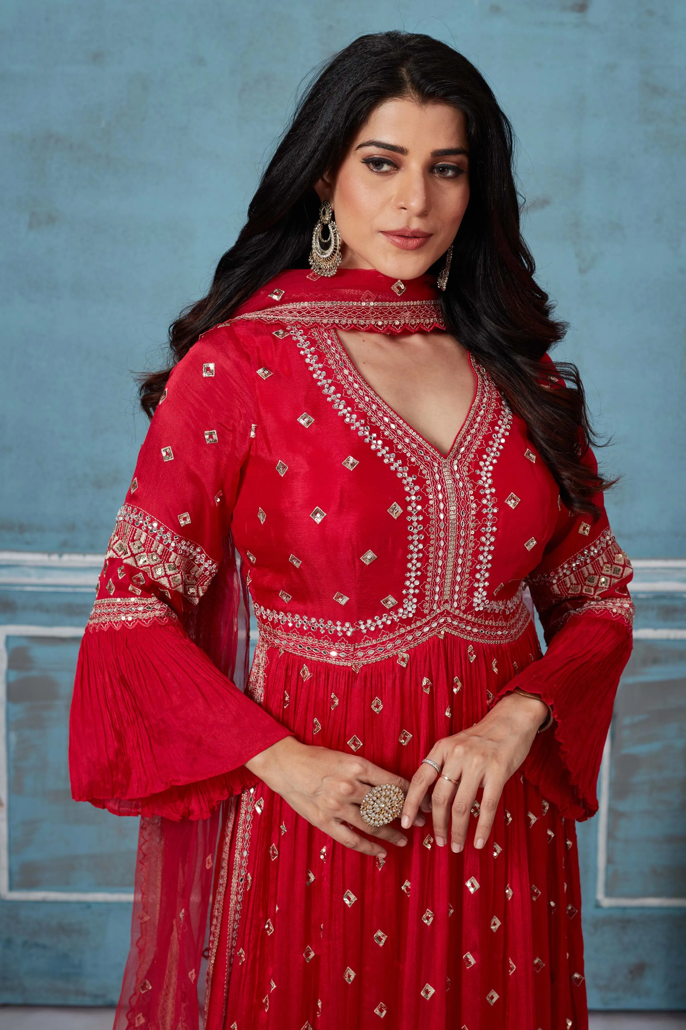 52A164 Red Embroidered Georgette Palazzo Suit With Dupatta