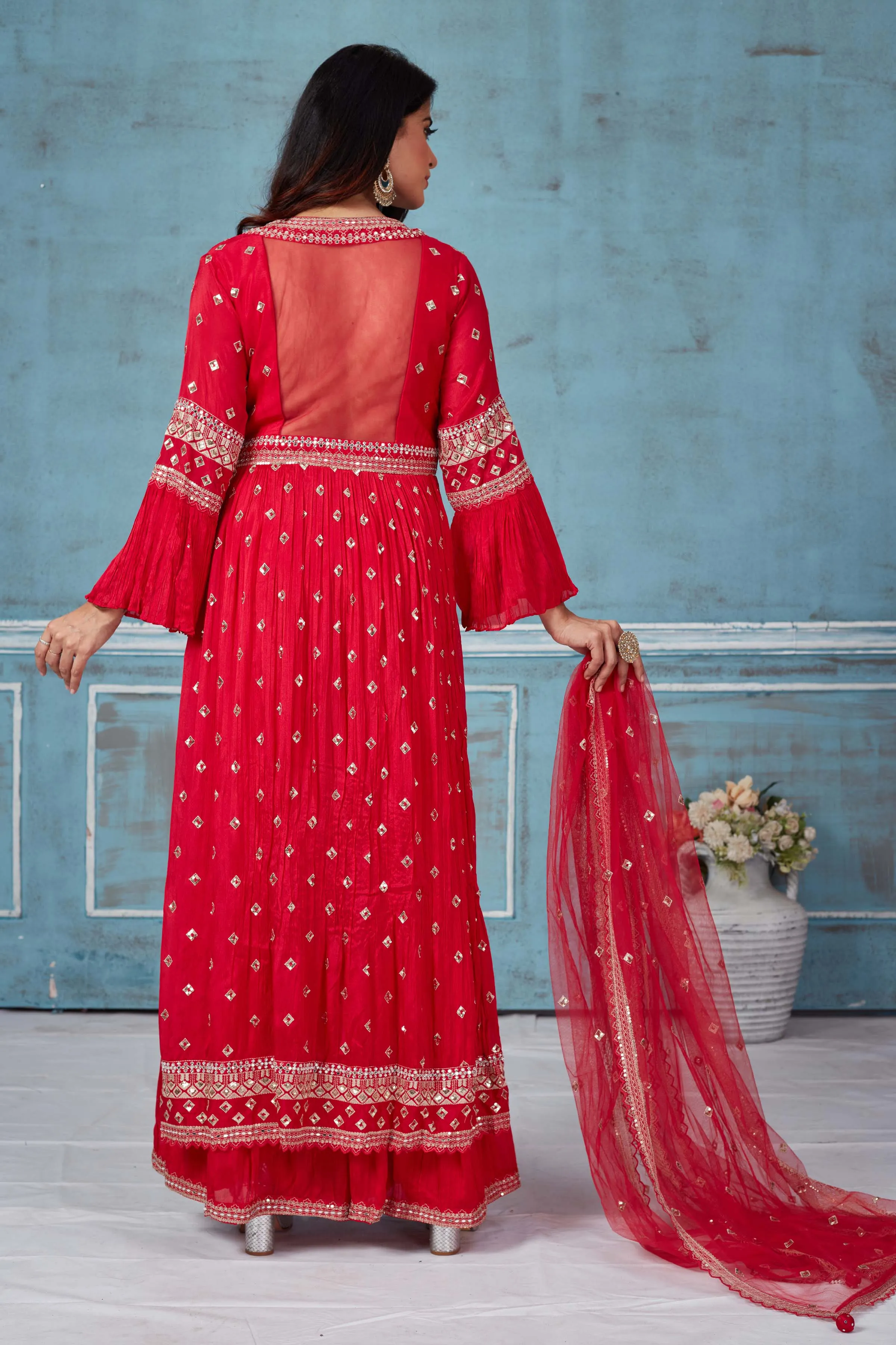 52A164 Red Embroidered Georgette Palazzo Suit With Dupatta