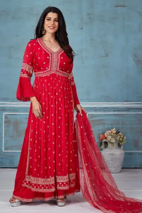 52A164 Red Embroidered Georgette Palazzo Suit With Dupatta