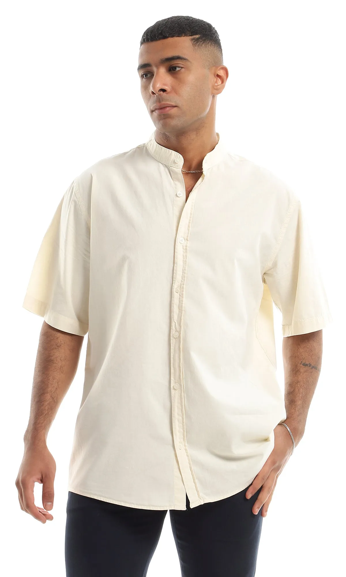 97198 Solid Cream Henley Shirt With Short Sleeves