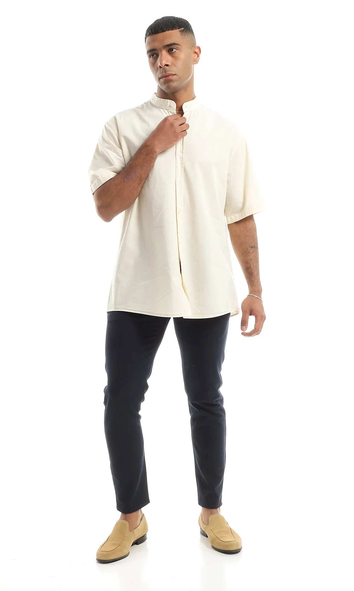 97198 Solid Cream Henley Shirt With Short Sleeves