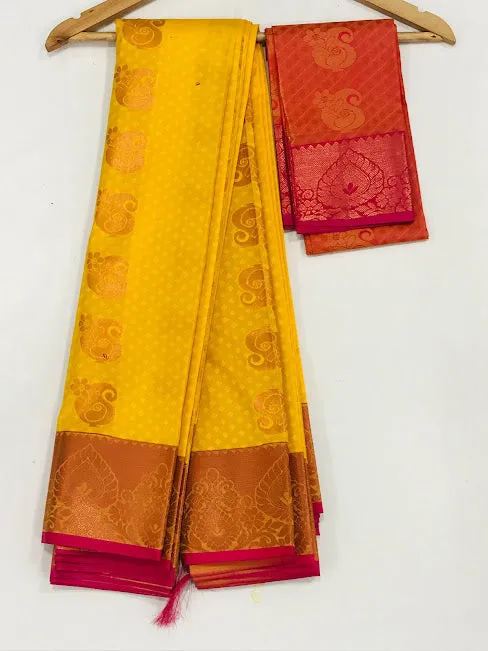 Alluring Yellow Color Art Silk Saree With Mango Motifs And Contrast Rich Pallu