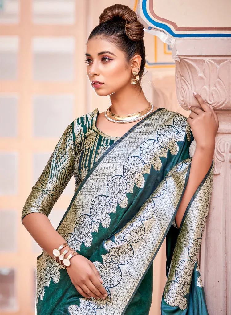 Appealing Green Colored Banarasi Soft Silk Designer Printed Work Sarees