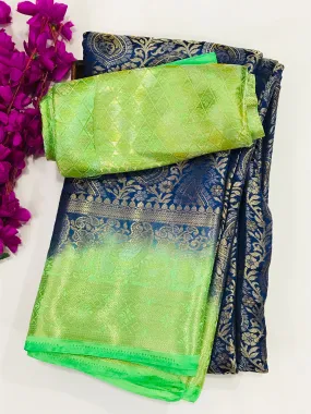 Attractive Blue Color Banarasi Soft Silk Saree With Contrast Green Border