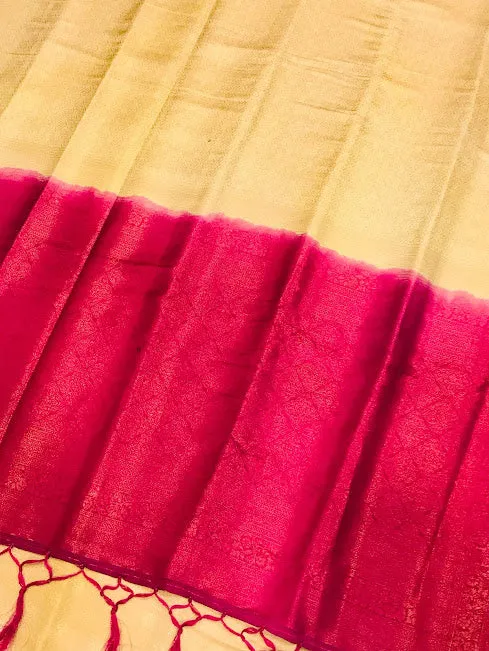 Attractive Cream Color Soft Silk Saree With Flower Motifs And Contrast Pallu With Fancy Tassels