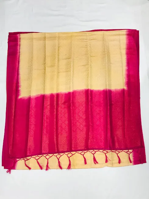 Attractive Cream Color Soft Silk Saree With Flower Motifs And Contrast Pallu With Fancy Tassels