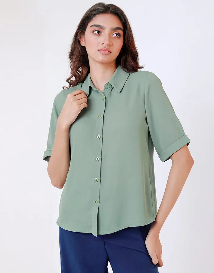 Back Pleated Blouse with Short Sleeves