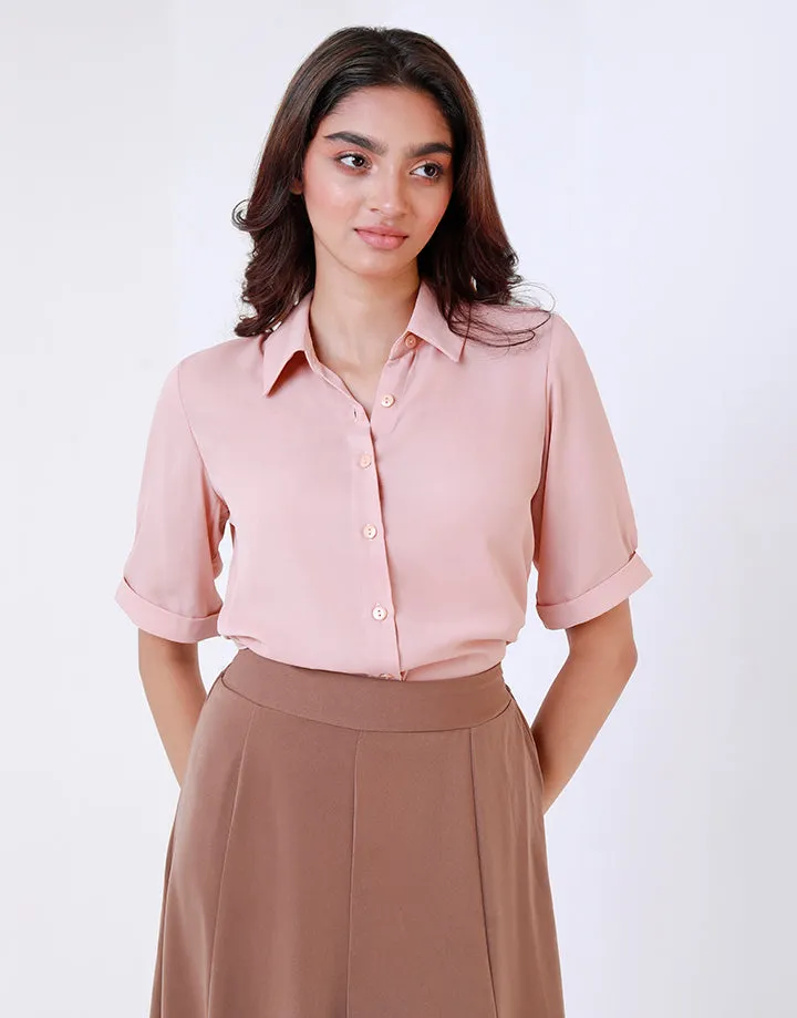 Back Pleated Blouse with Short Sleeves