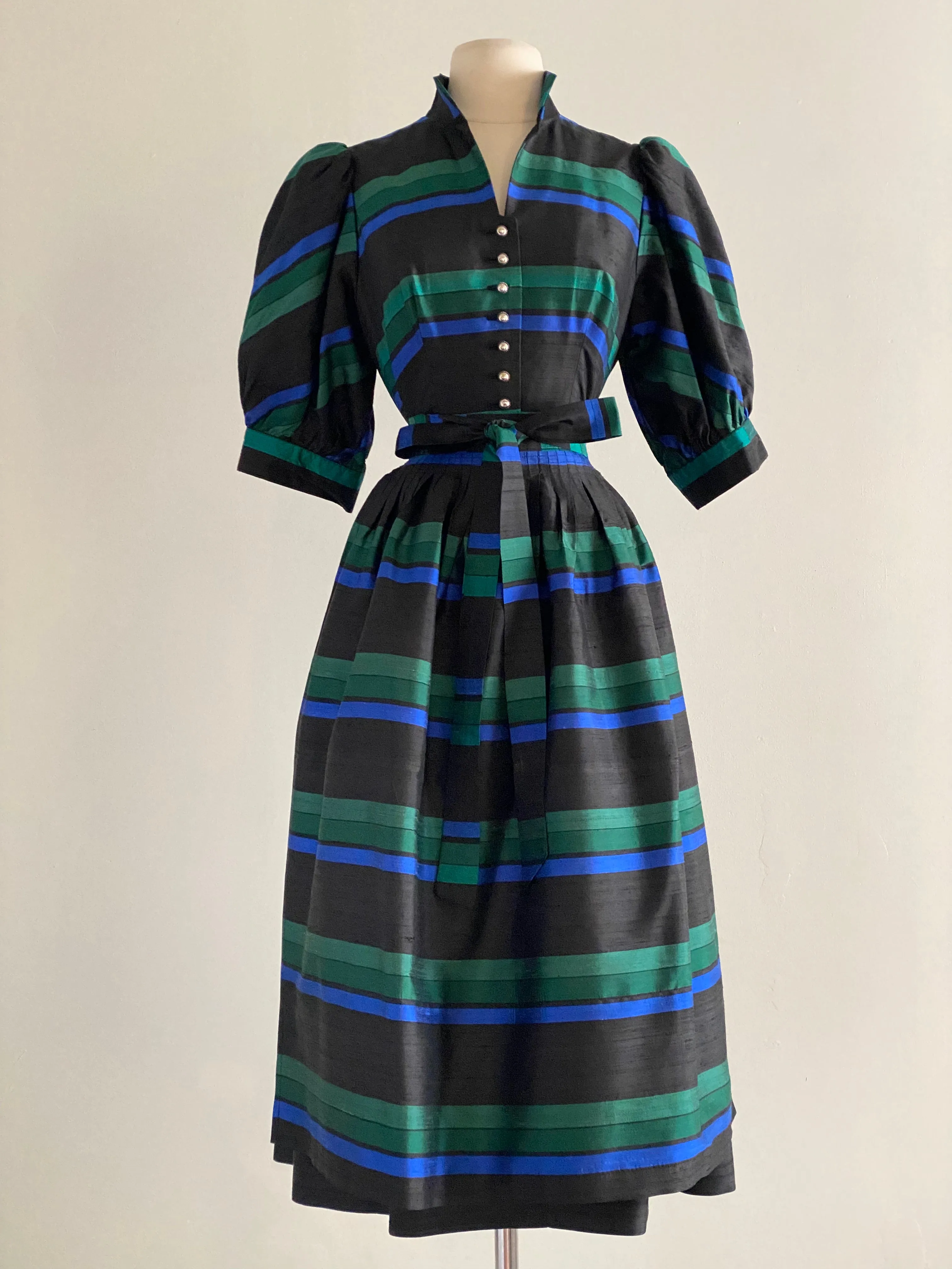 Beautiful 1970's Silk Holiday Plaid Dirndl Dress From Austria / Medium