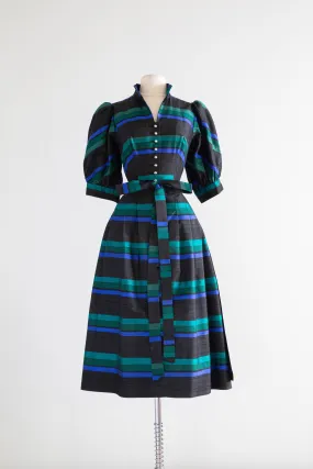 Beautiful 1970's Silk Holiday Plaid Dirndl Dress From Austria / Medium