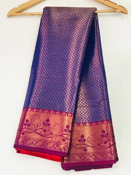 Beautiful Blue Colored Floral Designed Soft Silk Saree With Pink Border