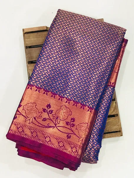 Beautiful Blue Colored Floral Designed Soft Silk Saree With Pink Border