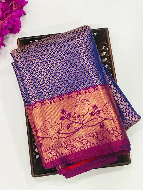 Beautiful Blue Colored Floral Designed Soft Silk Saree With Pink Border