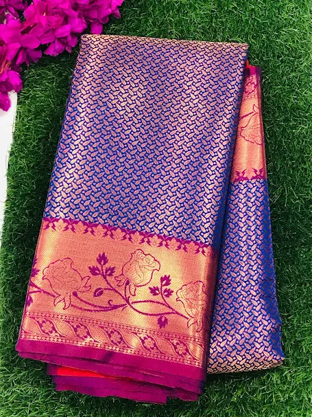 Beautiful Blue Colored Floral Designed Soft Silk Saree With Pink Border