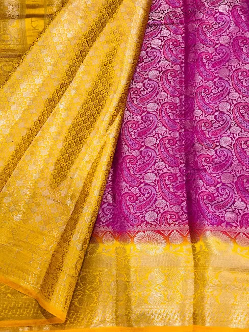 Beautiful Pink Color Banarasi Soft Silk Saree With Contrast Yellow Border