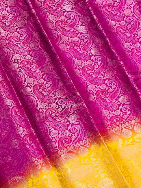 Beautiful Pink Color Banarasi Soft Silk Saree With Contrast Yellow Border