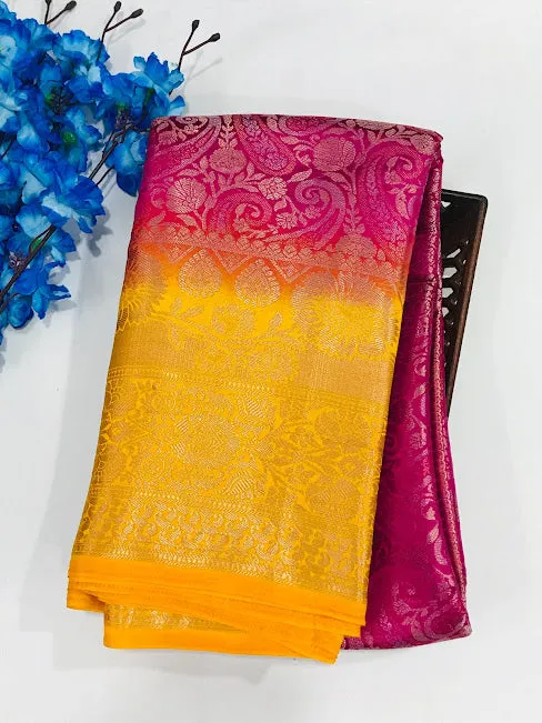 Beautiful Pink Color Banarasi Soft Silk Saree With Contrast Yellow Border