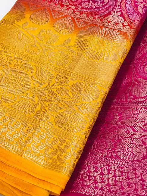 Beautiful Pink Color Banarasi Soft Silk Saree With Contrast Yellow Border