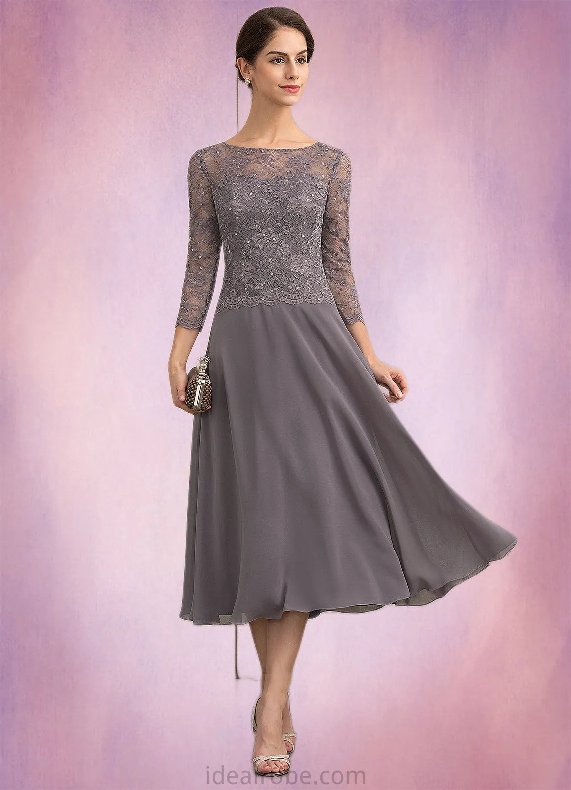 Bella A-Line Scoop Neck Tea-Length Chiffon Lace Mother of the Bride Dress With Sequins STK126P0014622