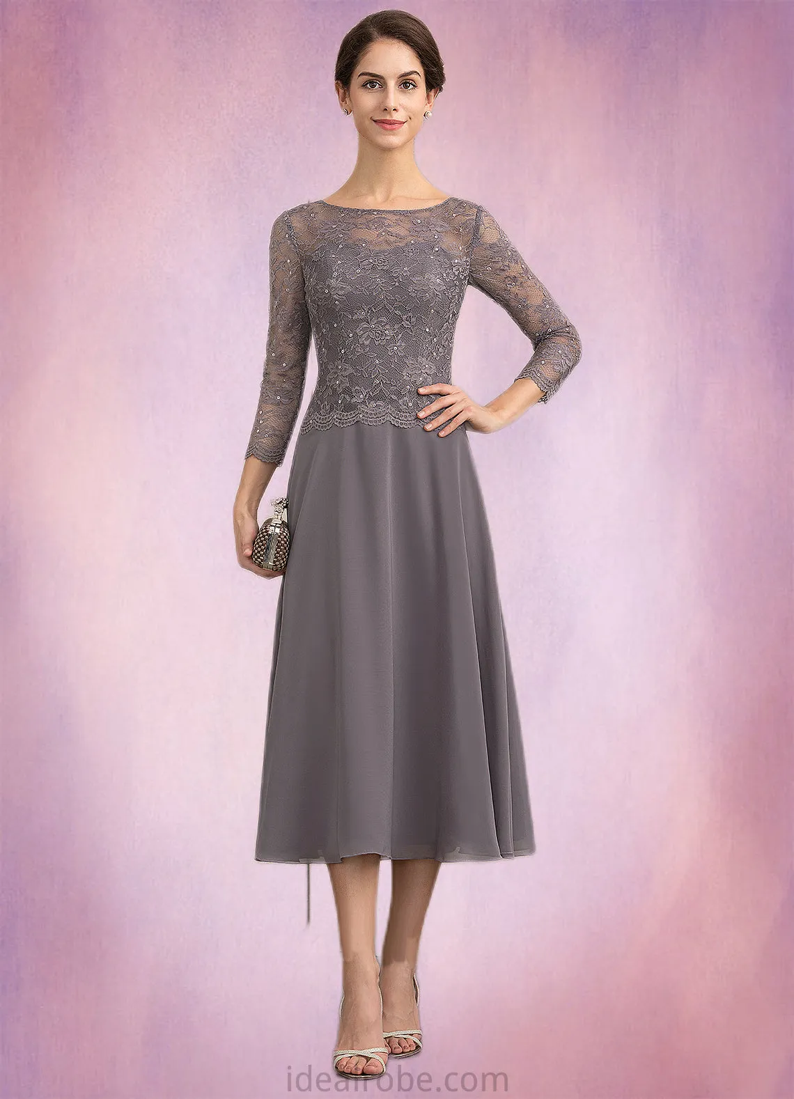 Bella A-Line Scoop Neck Tea-Length Chiffon Lace Mother of the Bride Dress With Sequins STK126P0014622