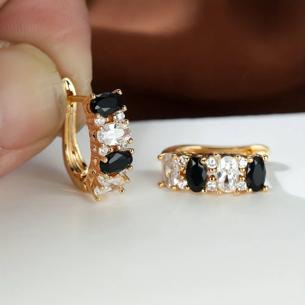 Black & White Oval Shiny Zircon Decor Hoop Earrings Elegant Minimalist Style Copper 18K Gold Plated Jewelry Daily Casual