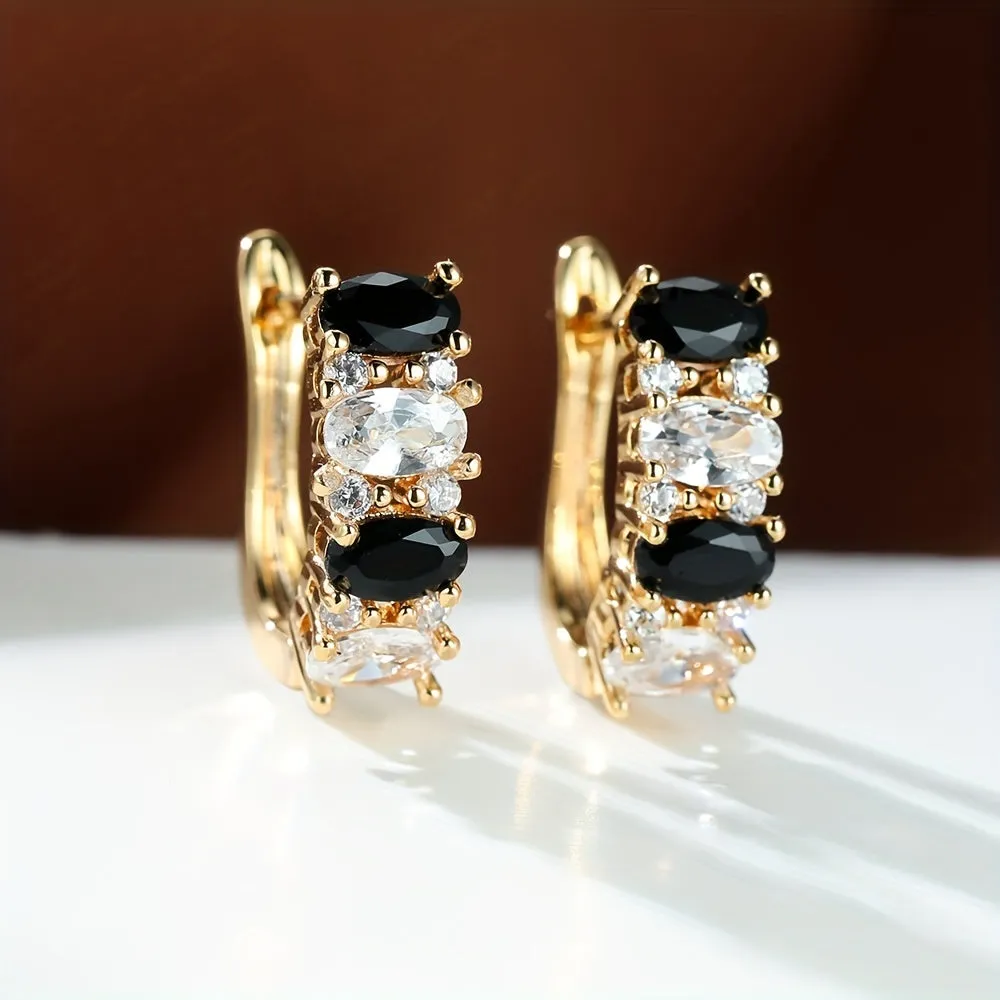 Black & White Oval Shiny Zircon Decor Hoop Earrings Elegant Minimalist Style Copper 18K Gold Plated Jewelry Daily Casual