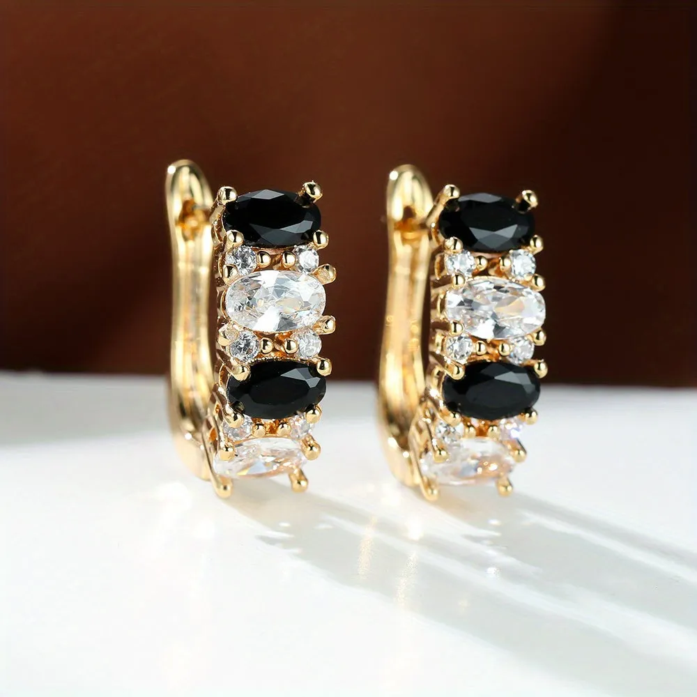 Black & White Oval Shiny Zircon Decor Hoop Earrings Elegant Minimalist Style Copper 18K Gold Plated Jewelry Daily Casual