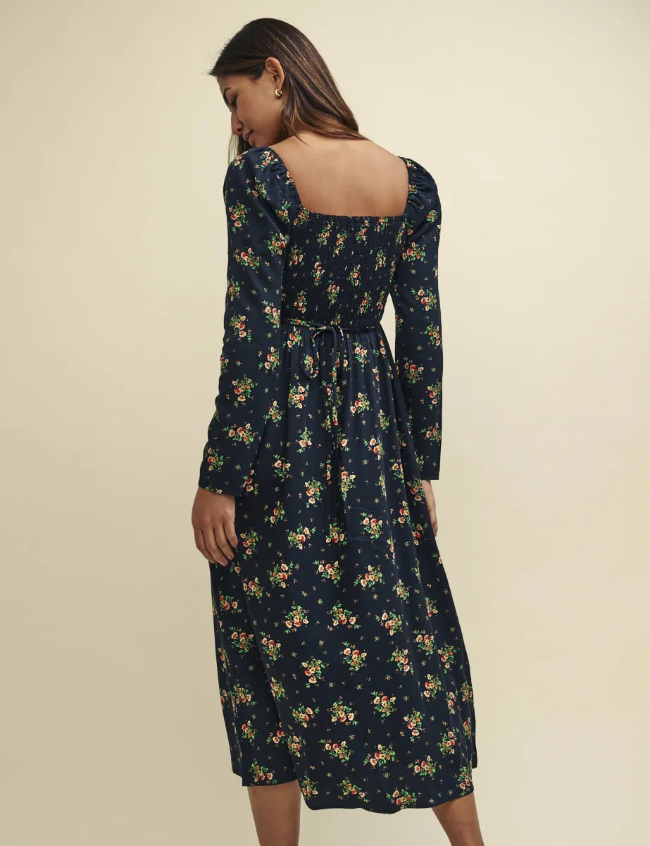 Black Wildflower Shirred Bodice Liberty Midi Dress