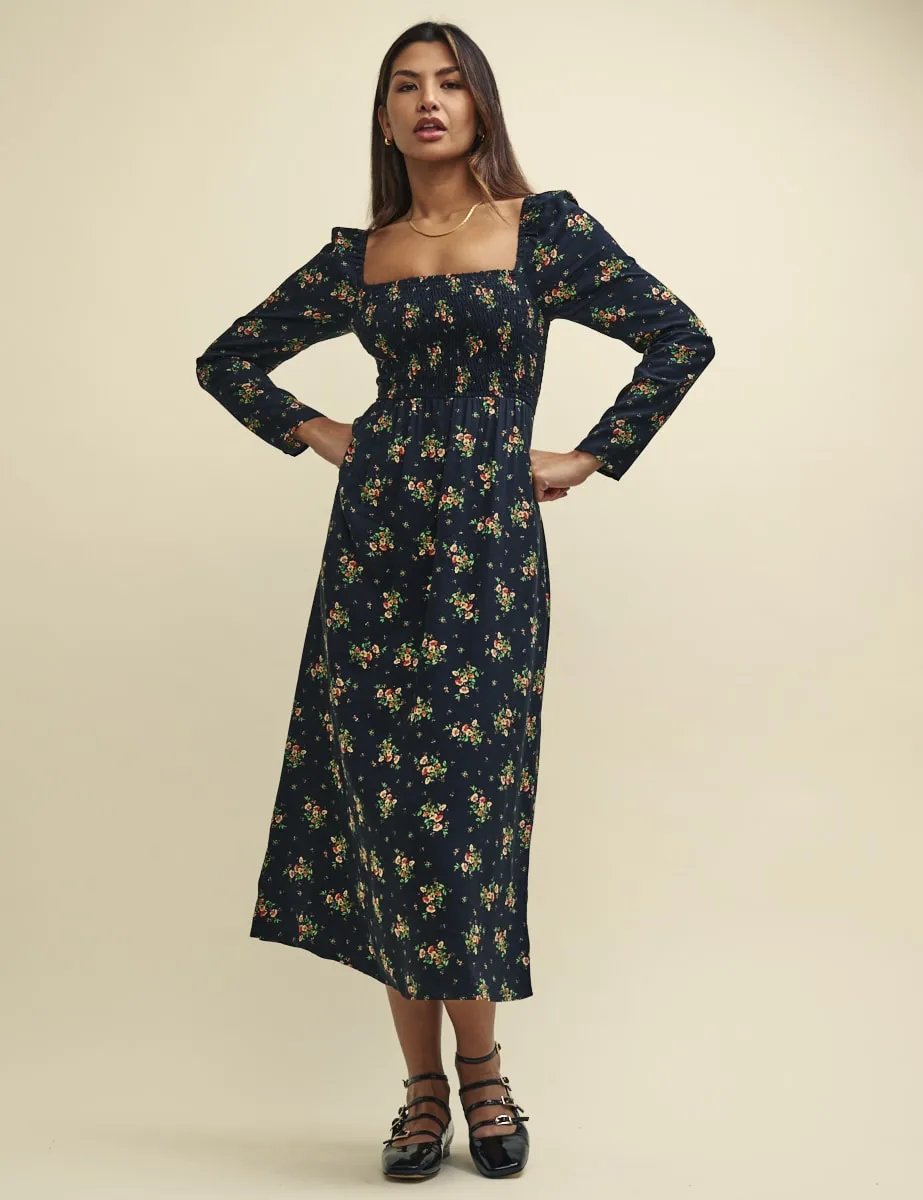 Black Wildflower Shirred Bodice Liberty Midi Dress