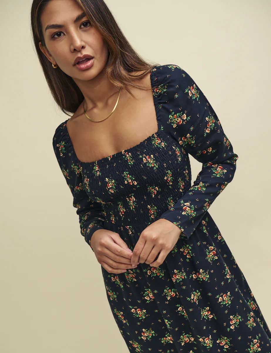 Black Wildflower Shirred Bodice Liberty Midi Dress