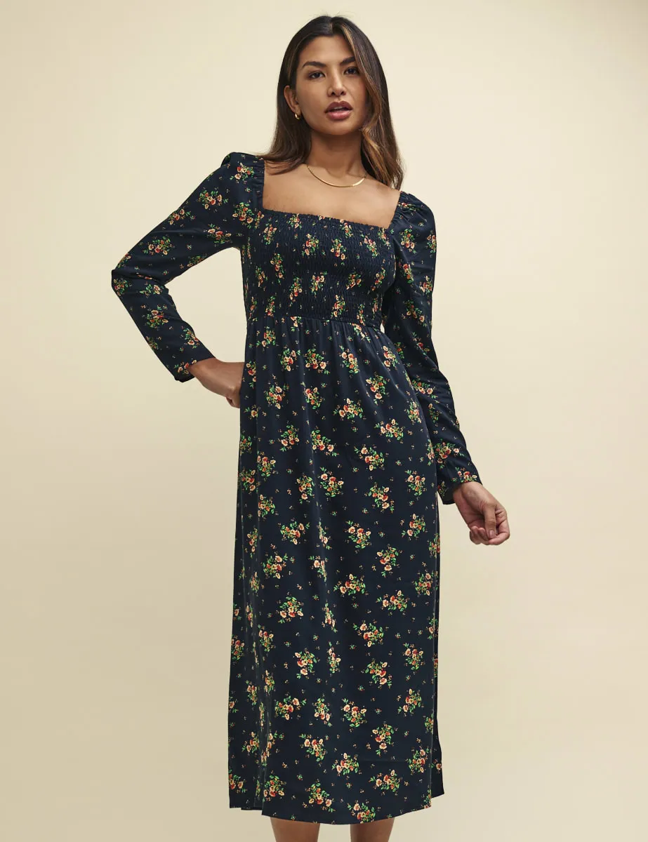 Black Wildflower Shirred Bodice Liberty Midi Dress