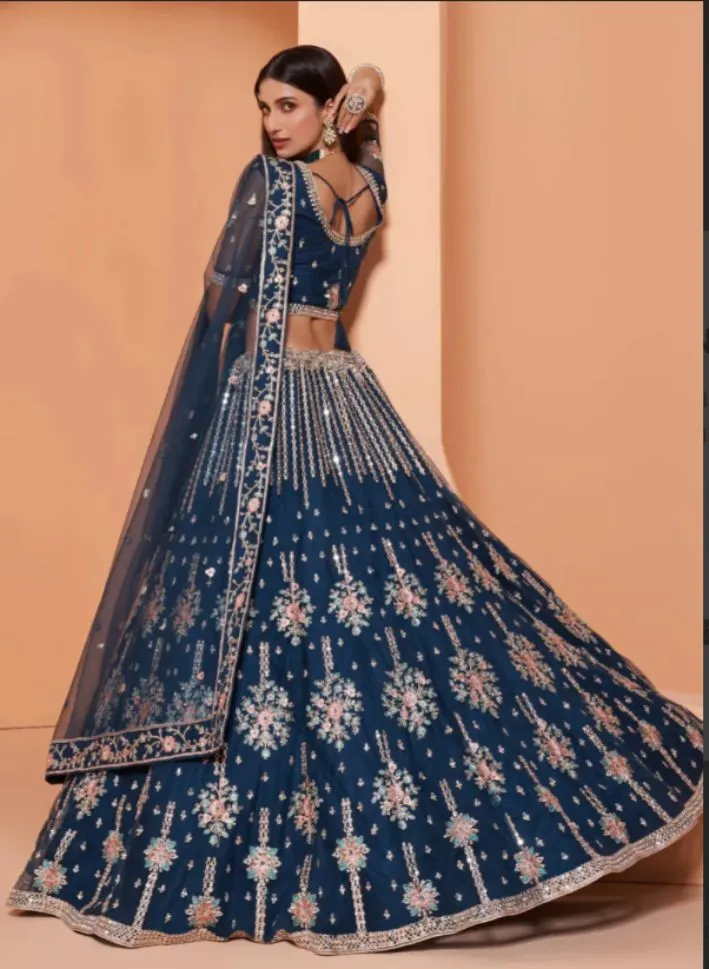 Blue Colored Partywear Designer Lehenga Choli - Rent