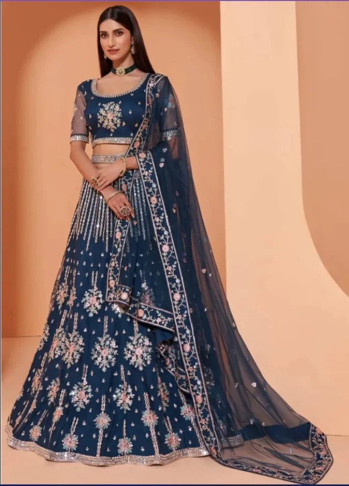 Blue Colored Partywear Designer Lehenga Choli - Rent