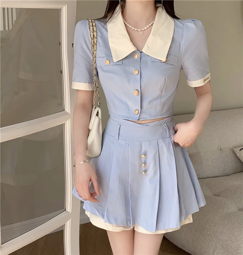 Blue short shirt top   high waist pleated skirt two-piece set PL53504