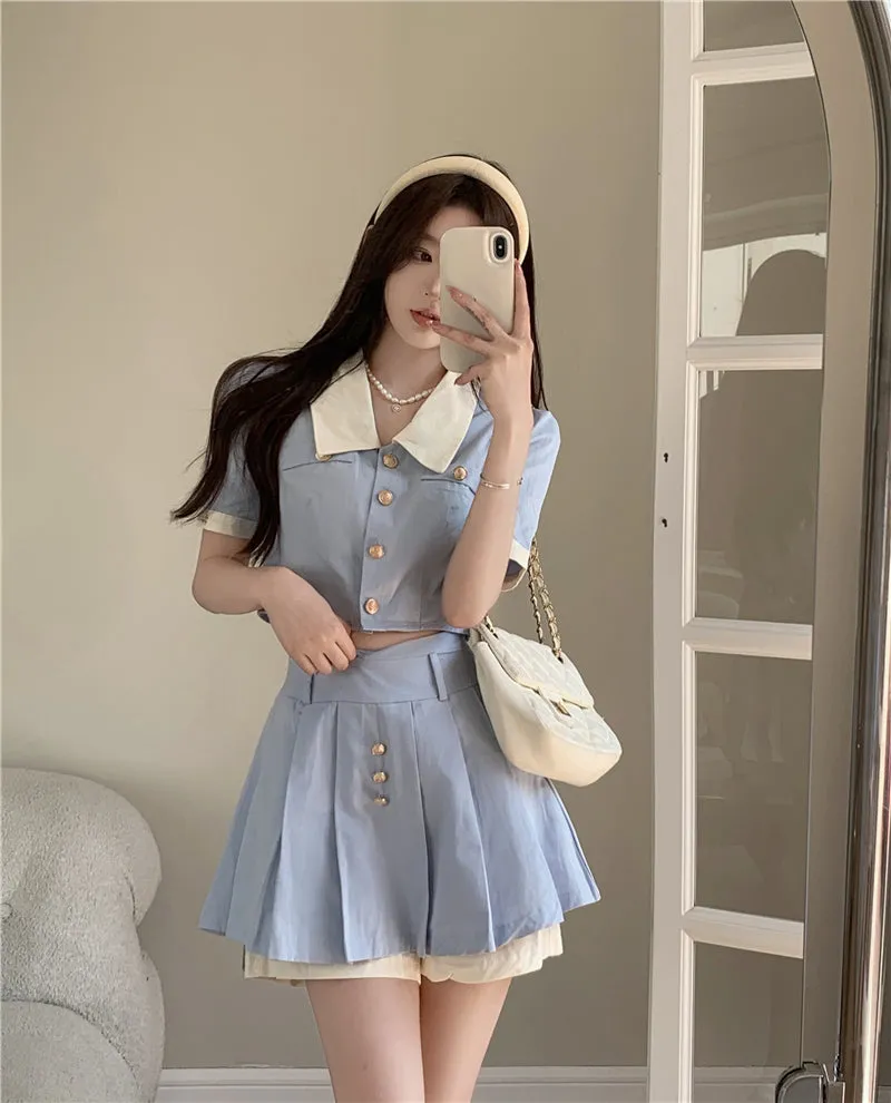 Blue short shirt top   high waist pleated skirt two-piece set PL53504