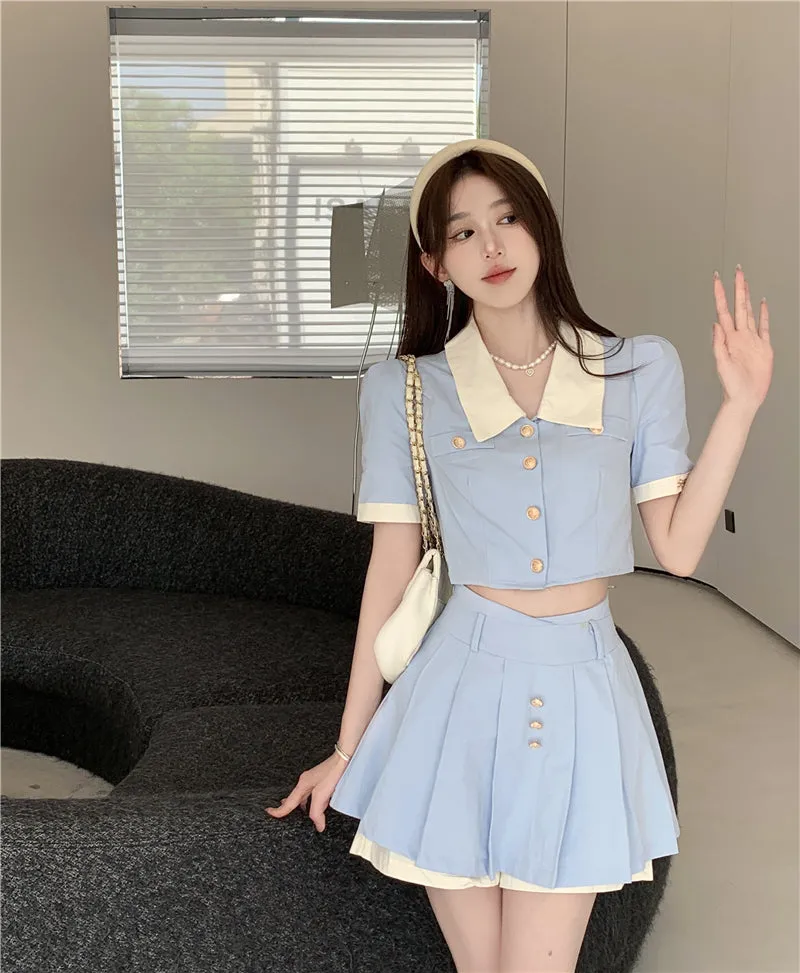 Blue short shirt top   high waist pleated skirt two-piece set PL53504