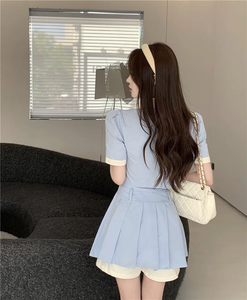 Blue short shirt top   high waist pleated skirt two-piece set PL53504