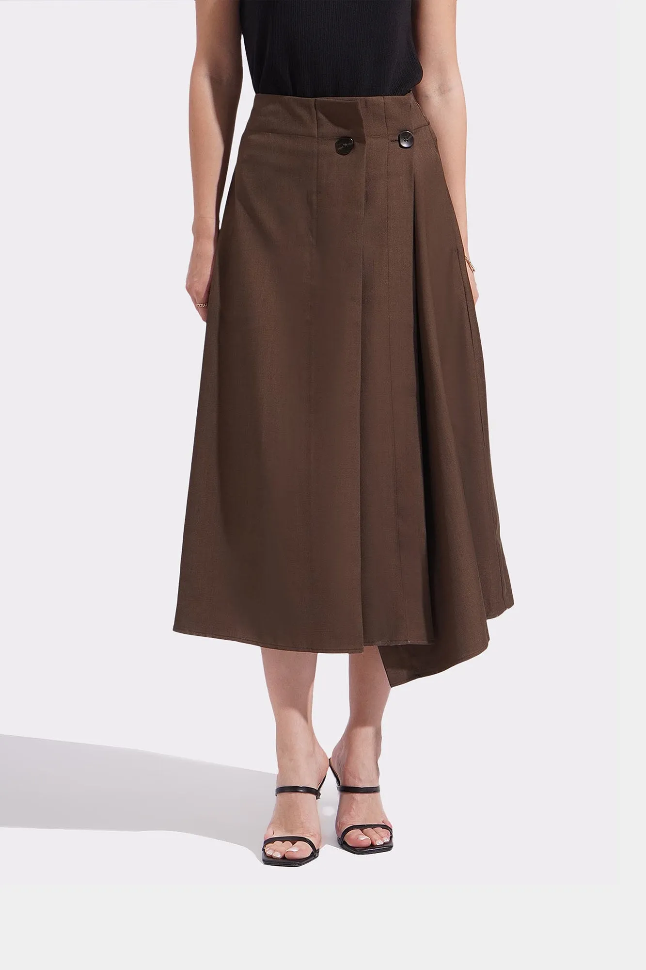 Button Detail Pleated Midi Skirt