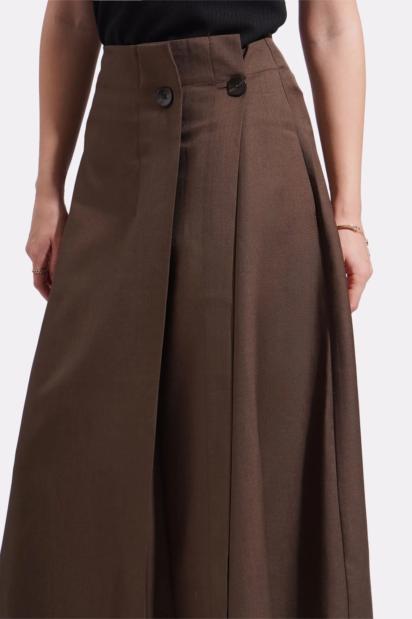 Button Detail Pleated Midi Skirt