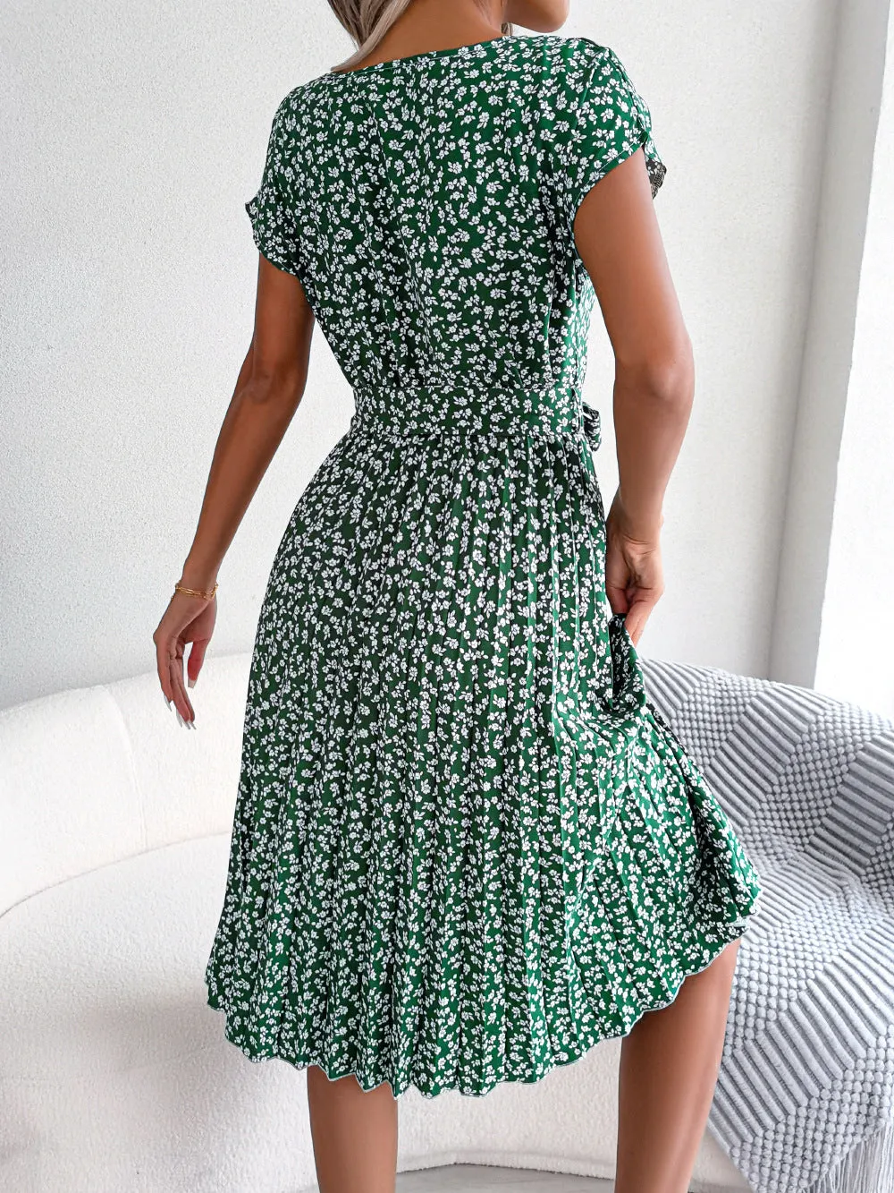 Casual Floral Pleated Dress