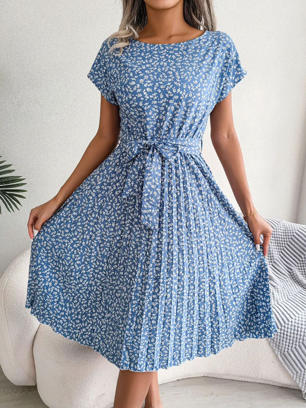 Casual Floral Pleated Dress