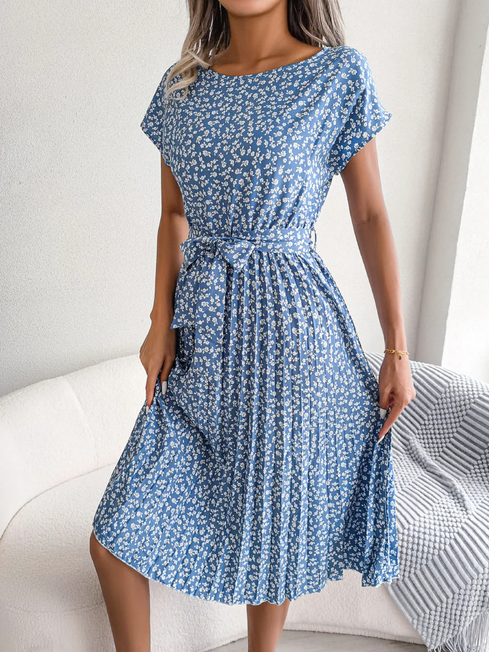 Casual Floral Pleated Dress