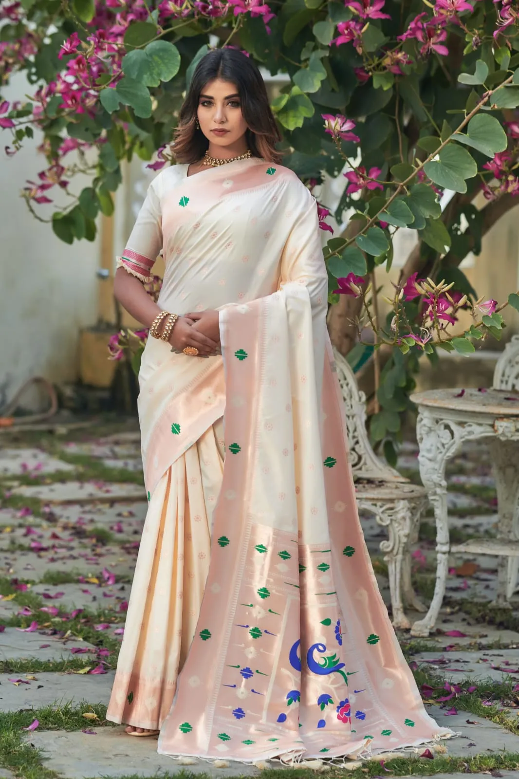 Charming Off White  Color Banarasi Soft Silk Paithani Saree With Zari Border And Zari Pallu