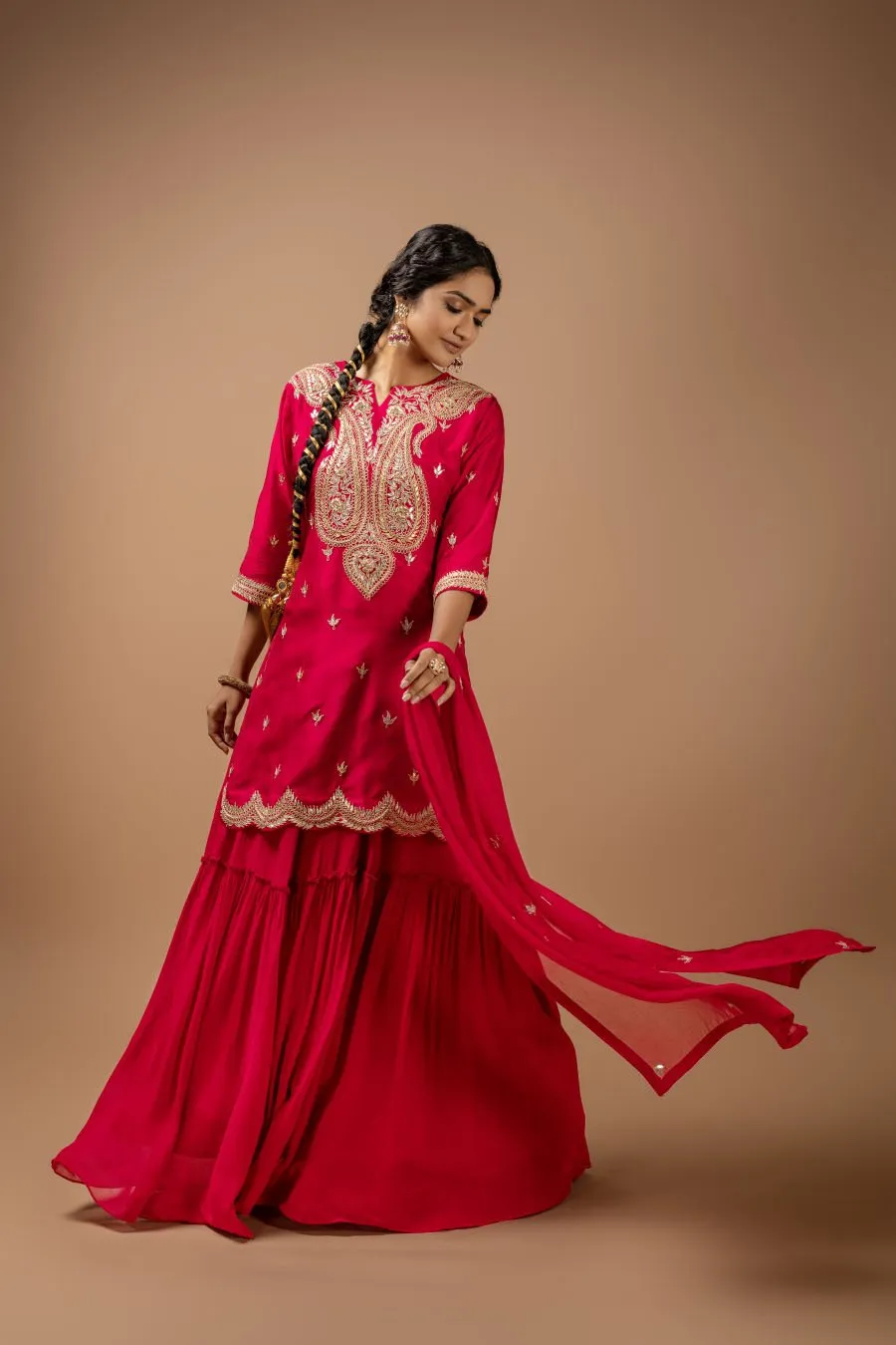 Cherry Red Gota Patti Embroidered Ethnic Sharara Set