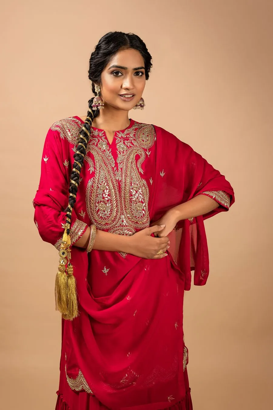 Cherry Red Gota Patti Embroidered Ethnic Sharara Set